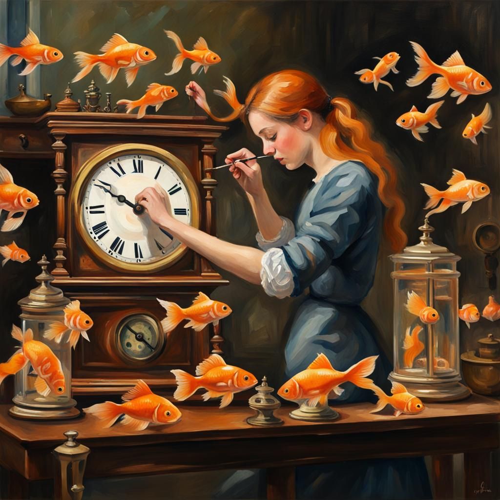 Woman Repairs Clock Surrounded by Goldfish in Gouache Style