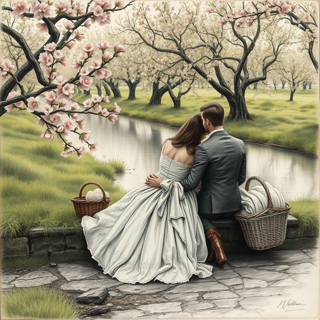 Elegant Springtime Picnic in a Serene Orchard, Charcoal Draw...