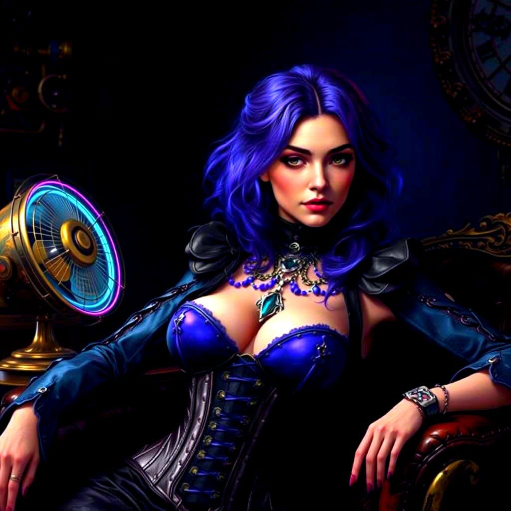 Gothic Woman in Steampunk Room with Neon Lighting