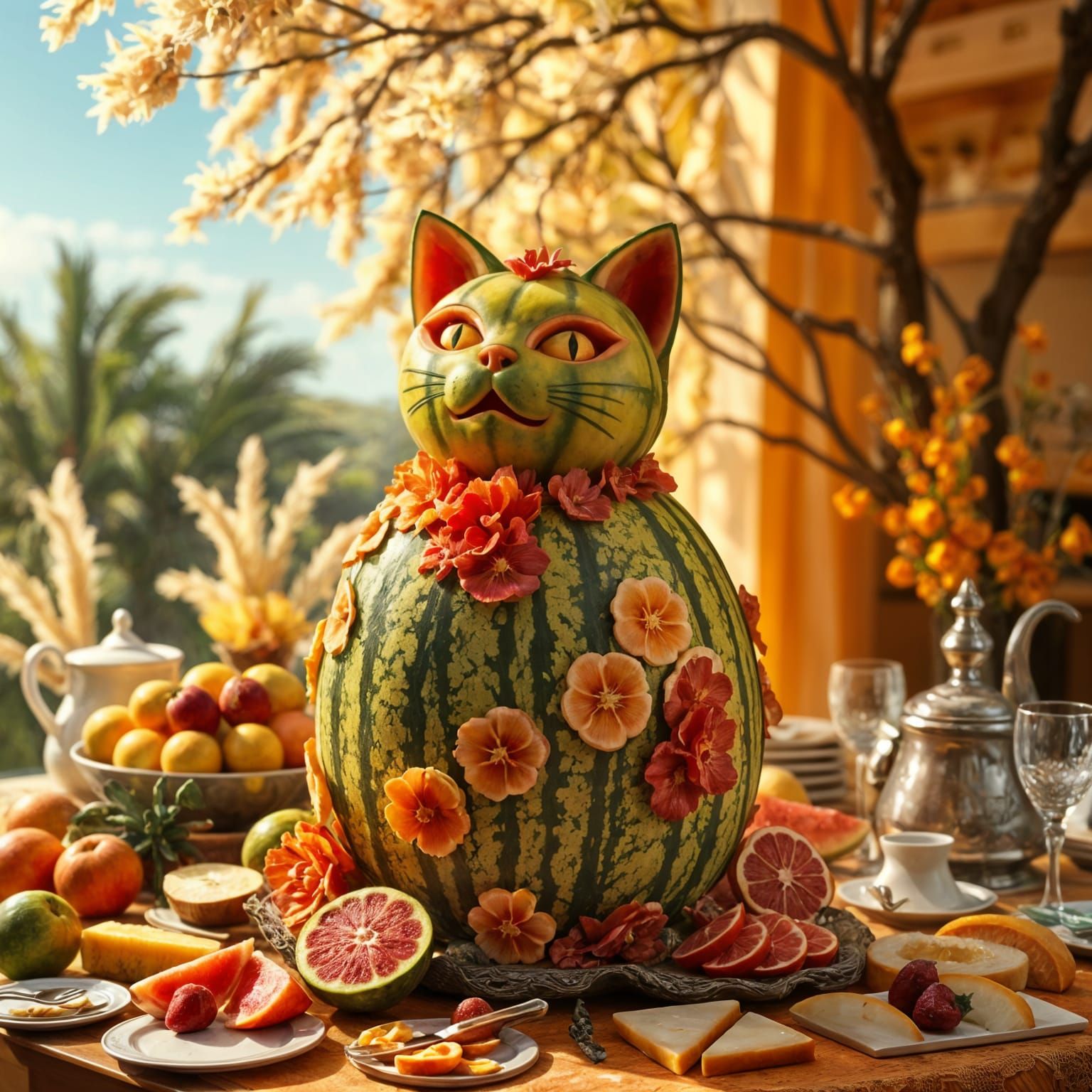 Whimsical Watermelon Buffet Cat in Fantasy Art