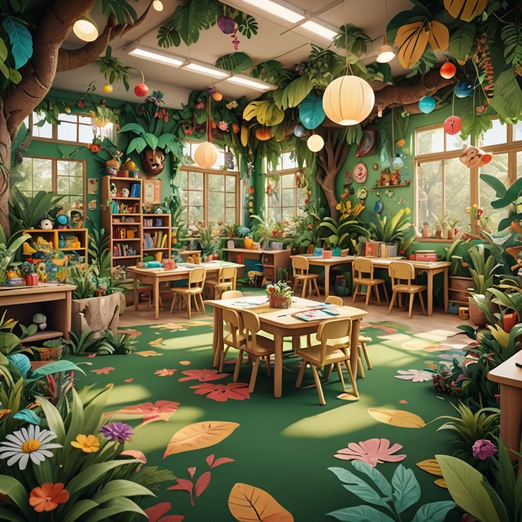 Fantasy Jungle Kindergarten Classroom in Art Deco Style