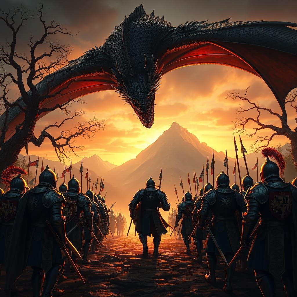 Knights in Steel Plate Charge a Dragon in a Fantastical Land...