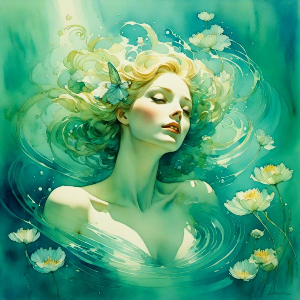 Ethereal Water Nymph in Vintage Watercolor Style