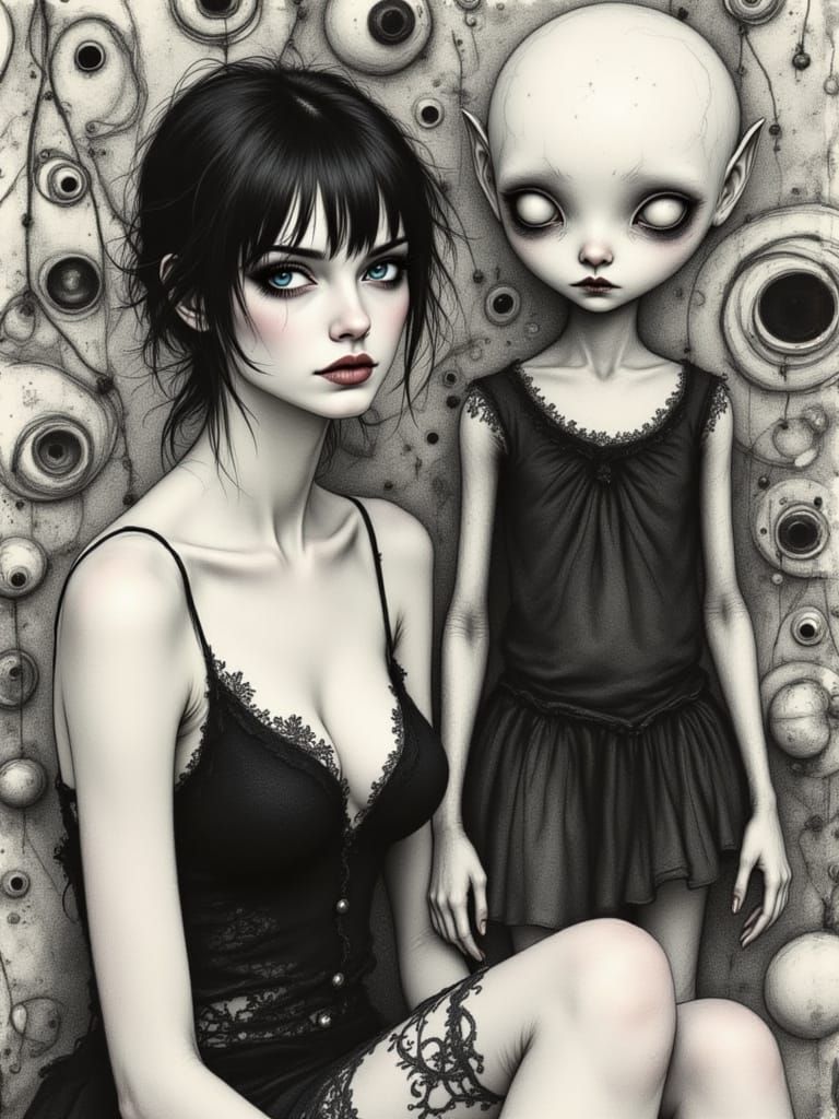 Gothic Scene of Woman and Creepy Doll in Charcoal Sketch