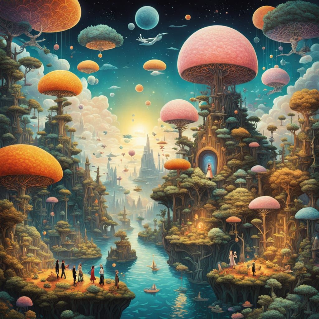 Chaotic Battle on Floating Island, Psychedelic Art Style