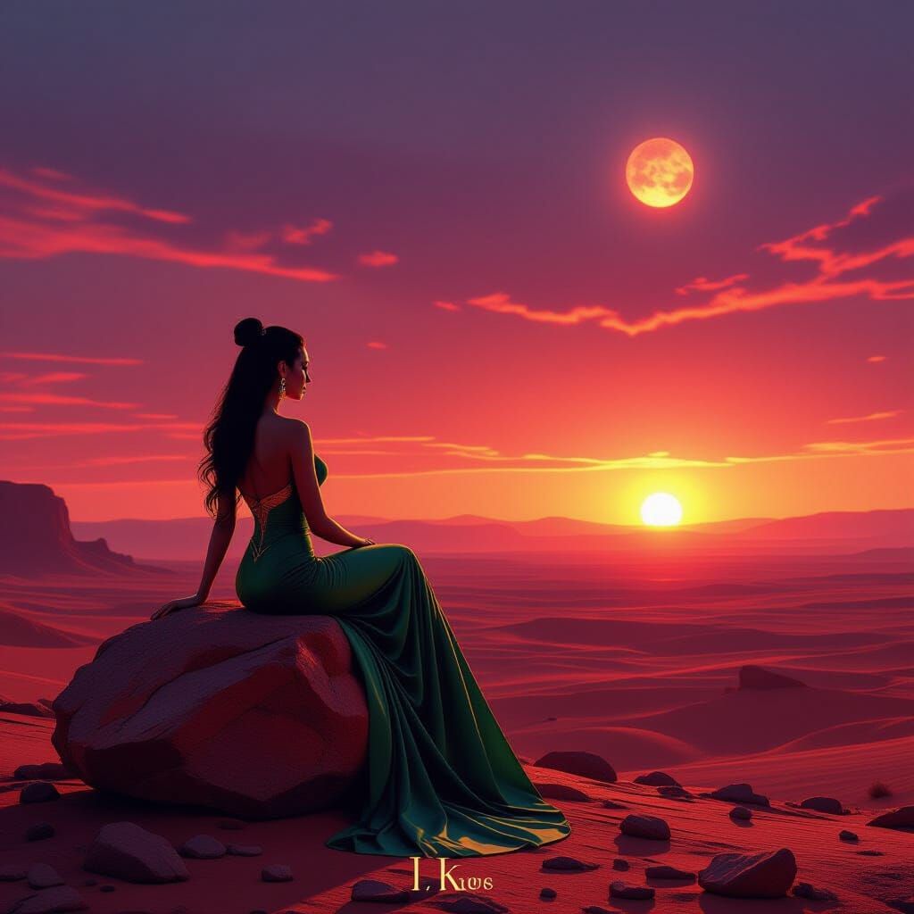 Martian Woman Watches Sunset in Photorealistic Style