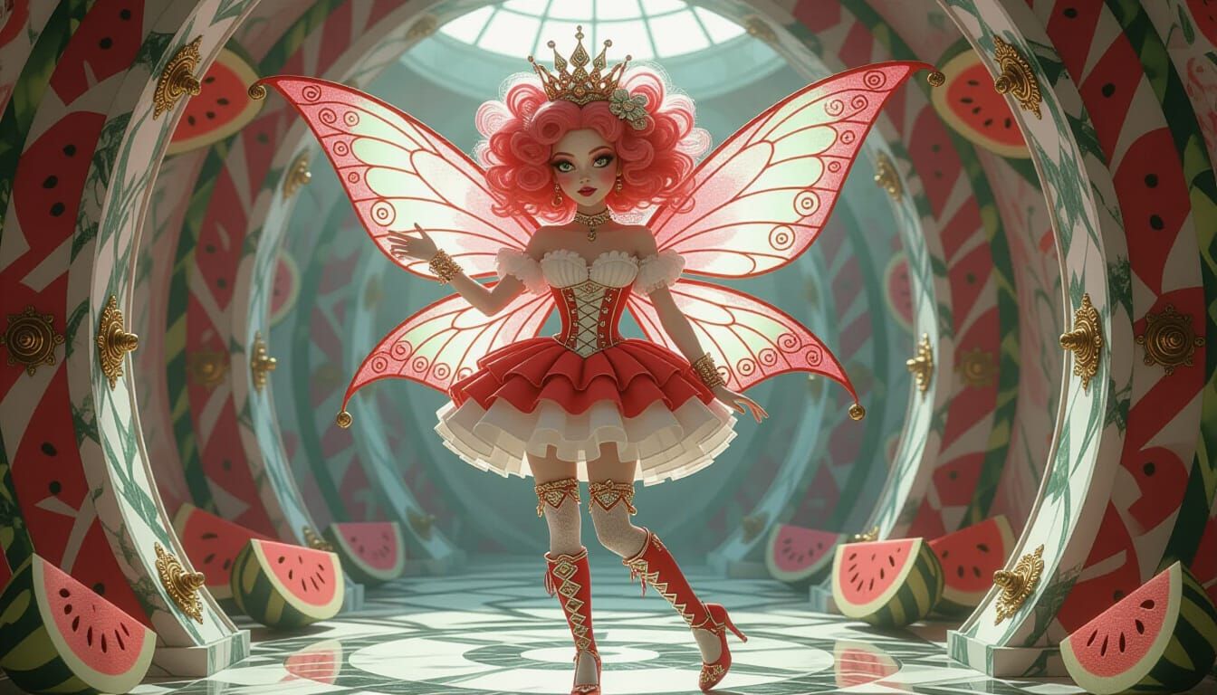 Steampunk Faerie in Watermelon Attire, Ornate Marble Chamber