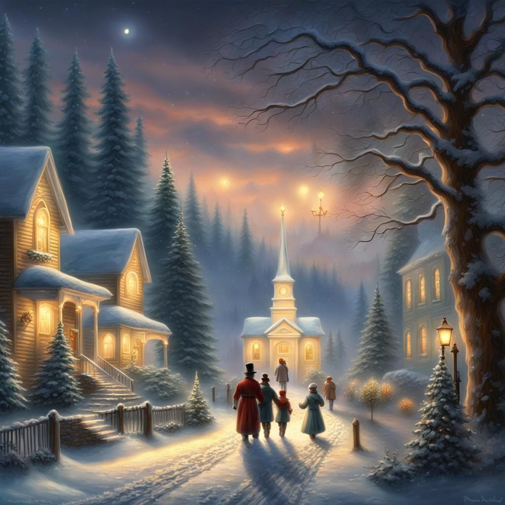 Carolers on Snowy Road in Lighted Christmas Village