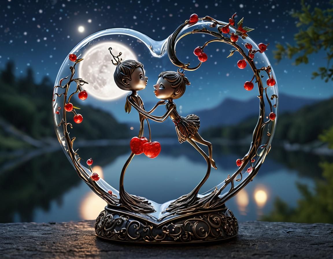 Romantic Cherries Embrace Under Moonlight: Fantasy Art