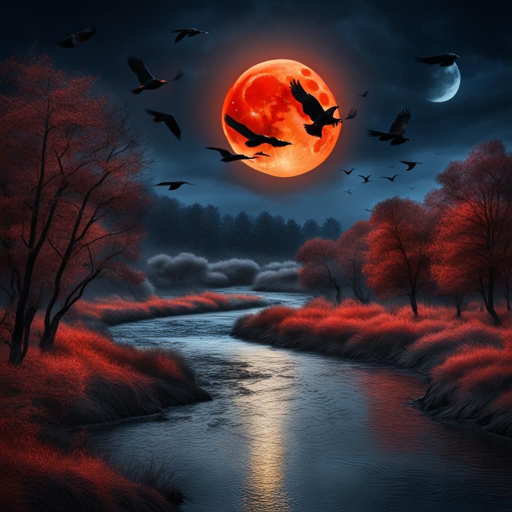 River on Fire Under a Red Moon