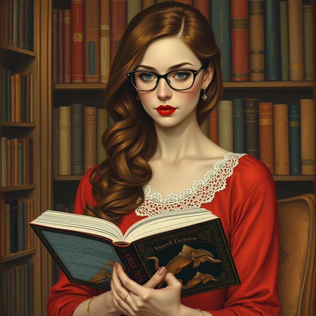 A stuning woman, brown hair, in library reading a book, red ...