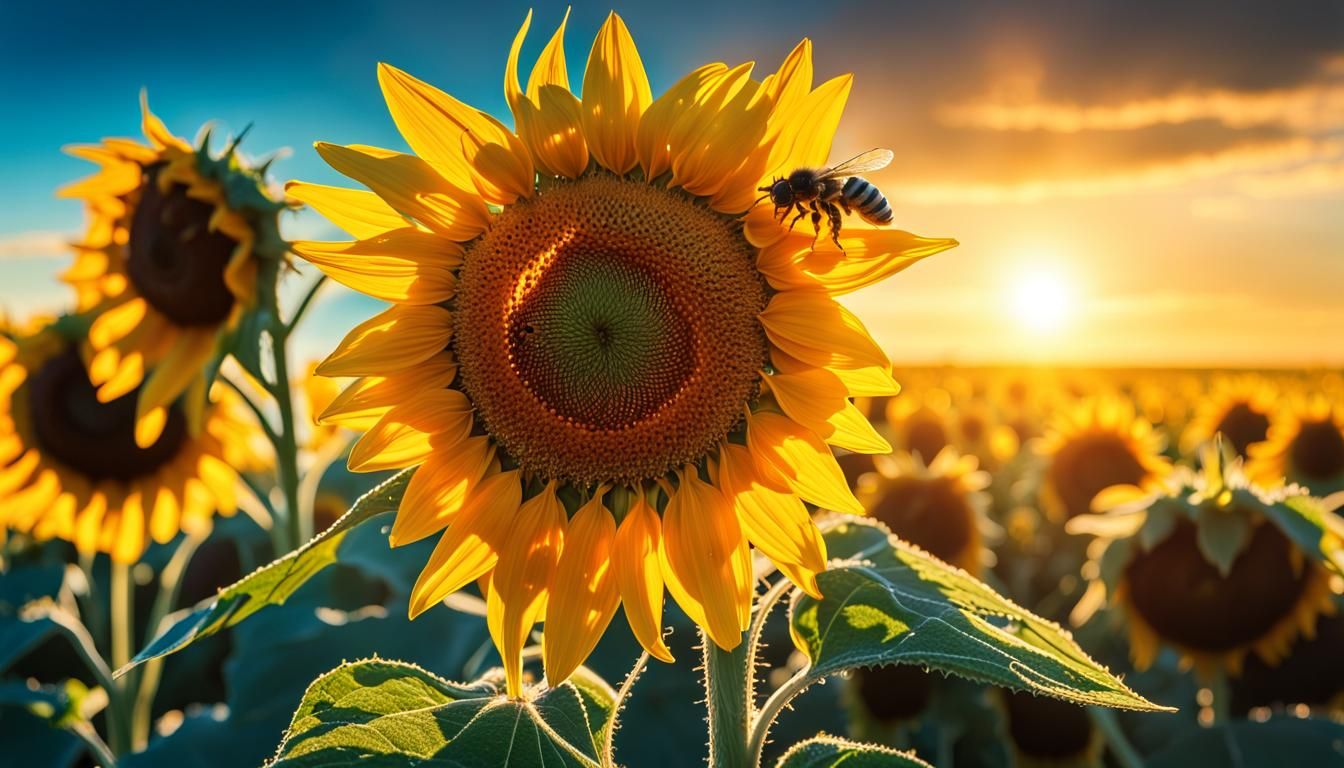 Hyperrealistic Sunflower with Bee at Sunrise