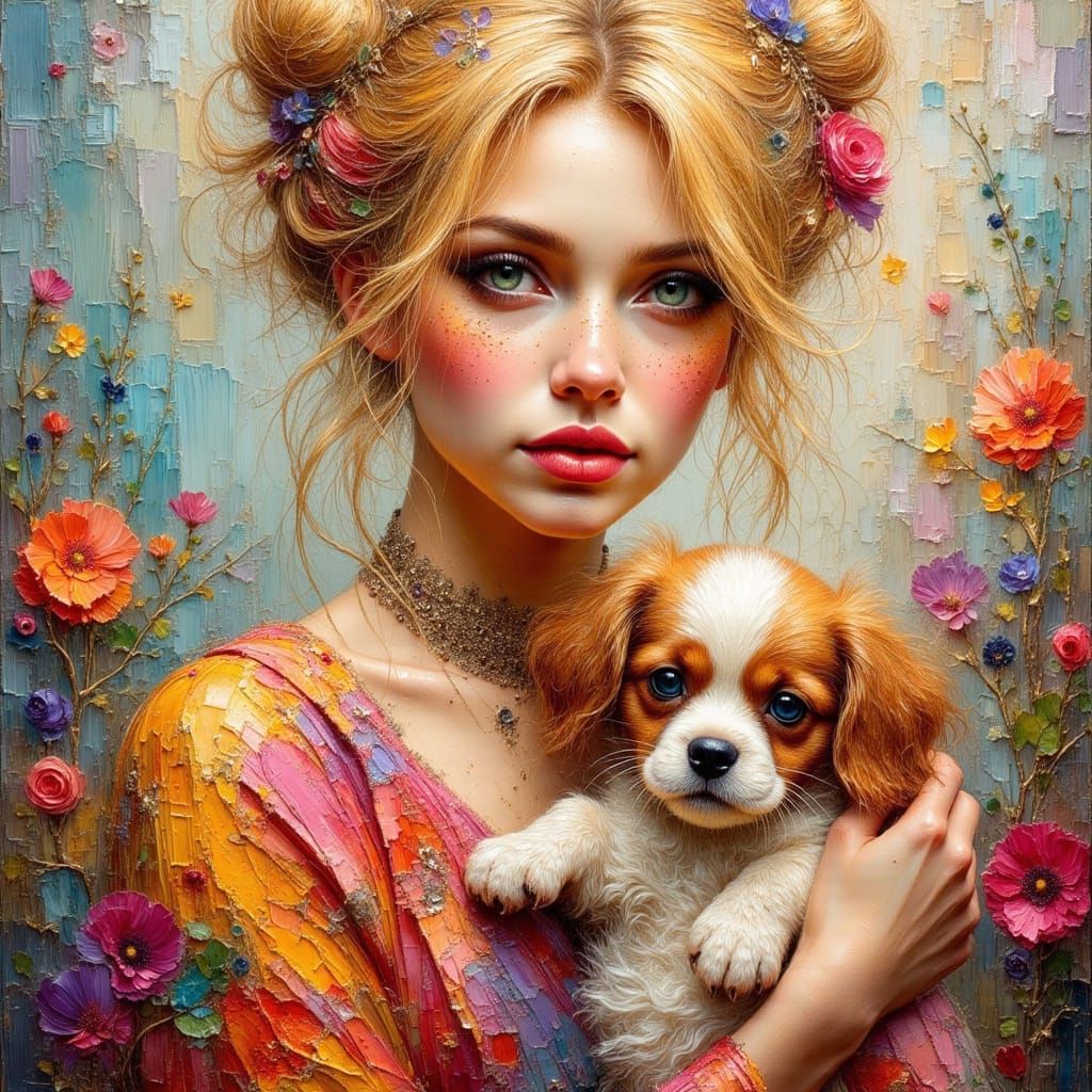 Gypsy Woman with Puppy as Impasto Oil Painting