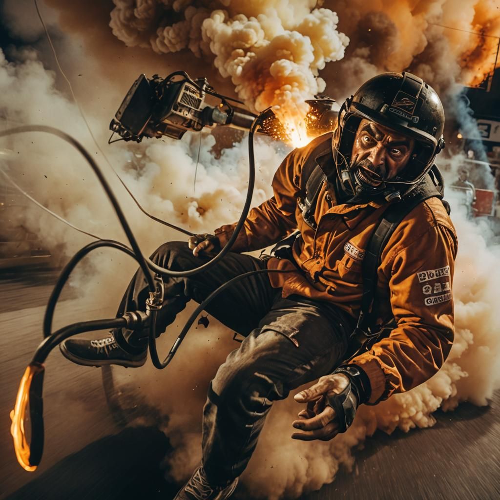 Grumpy Man Doing Burnout in Fiery Car