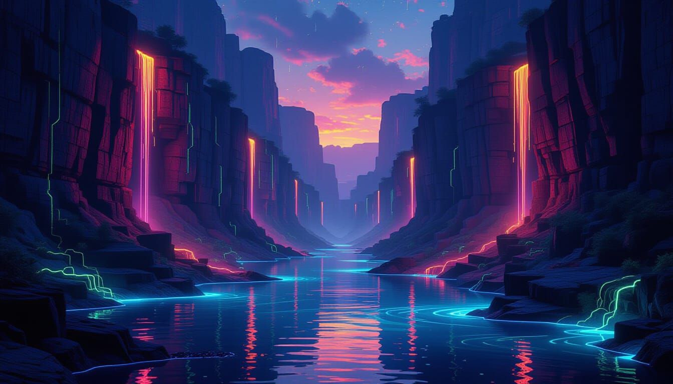 Bioluminescent Canyon in Neon Rain