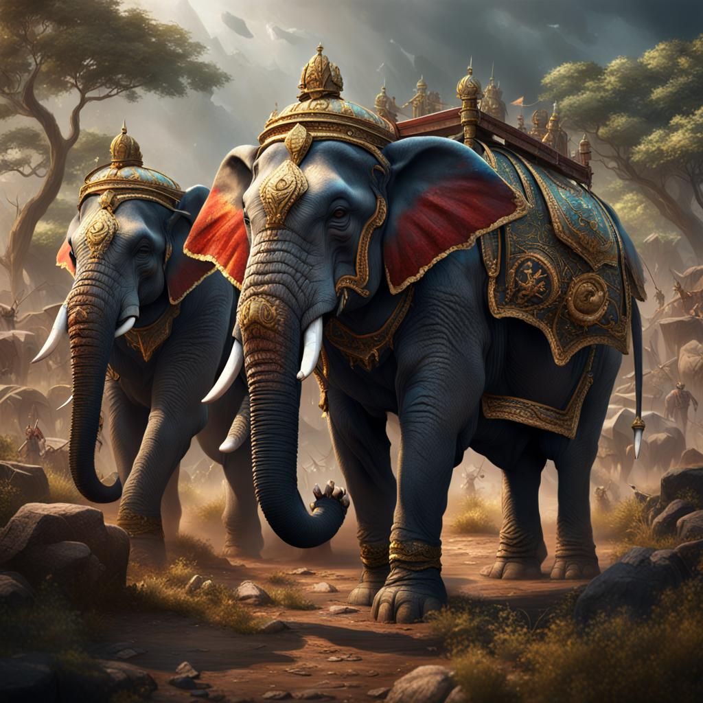 Elephants in Battle Regalia: Detailed Matte Painting