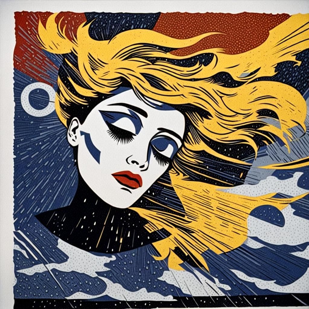 Pop Art Girl Crying in Rain, Lichtenstein Style