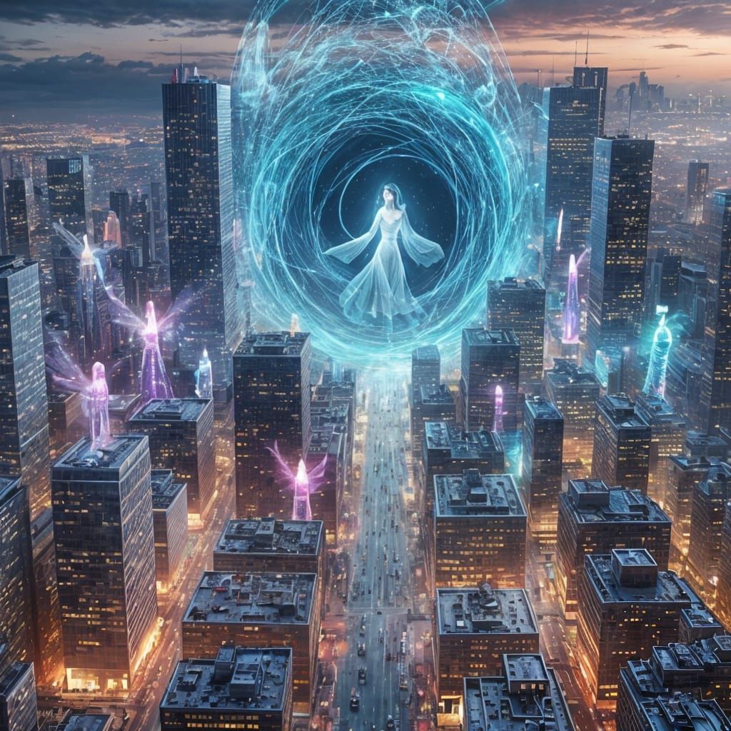 Ethereal Spirits Descend on Neon Cityscape