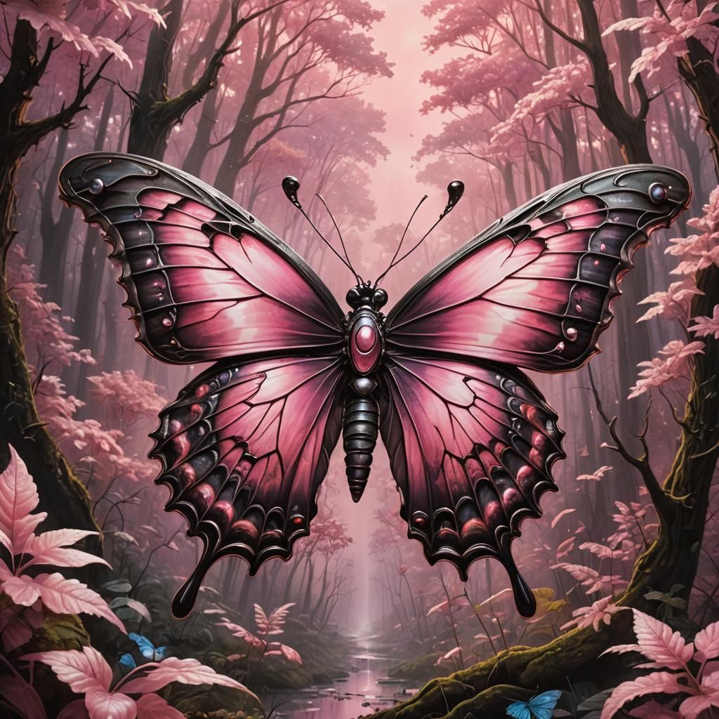 Bejeweled Butterfly in Hyperrealistic Forest Landscape
