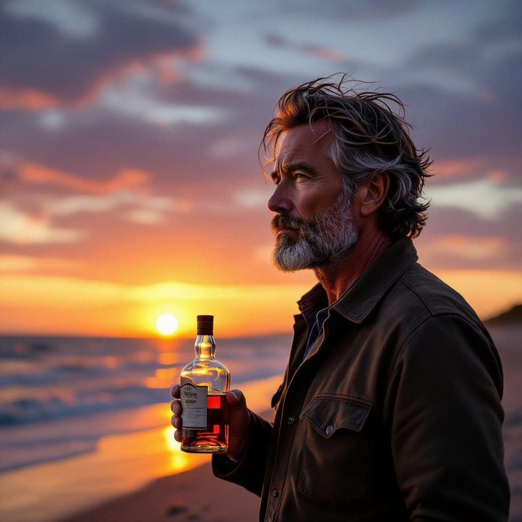 Man with Whisky Bottle on Beach at Golden Hour
