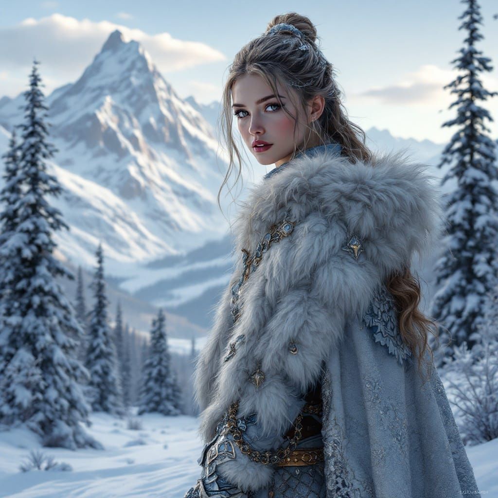 Winter Princess in Majestic Snowy Landscape
