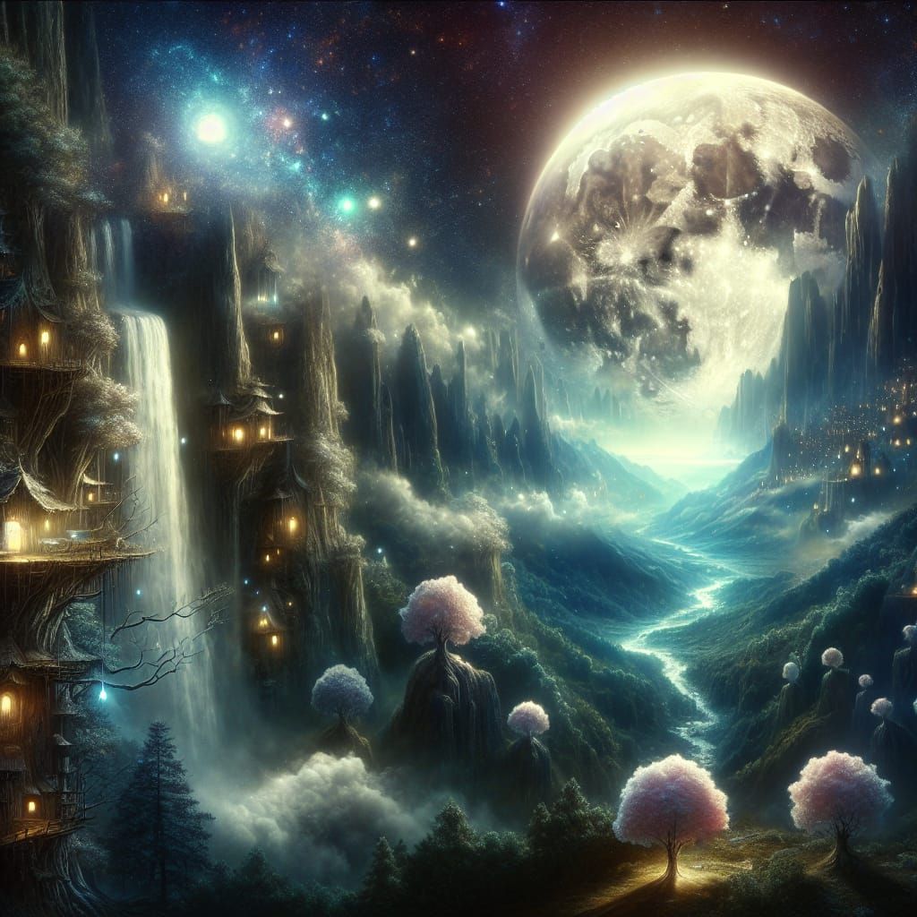 Ethereal Moonlit Valley with Fairy Treehouses