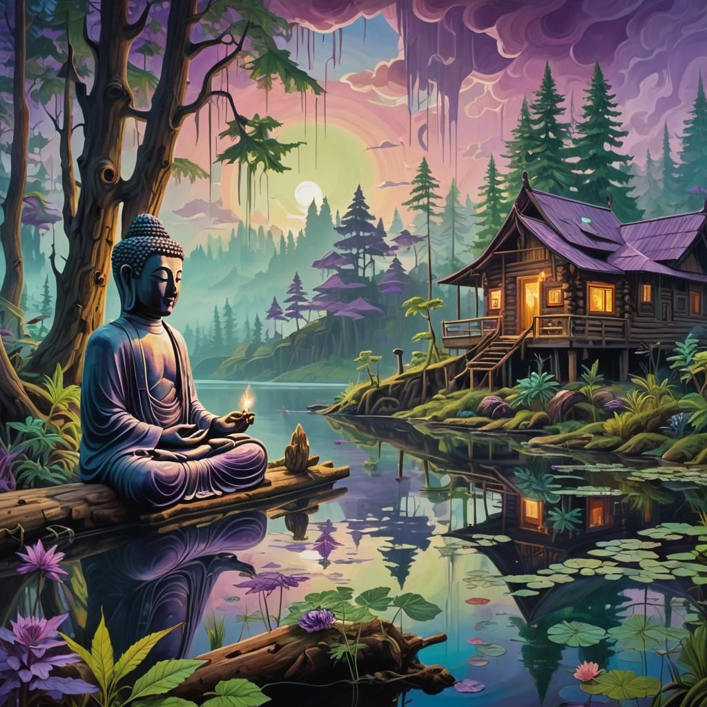 Buddha and Jesus: Surreal Joint in Psychedelic Landscape