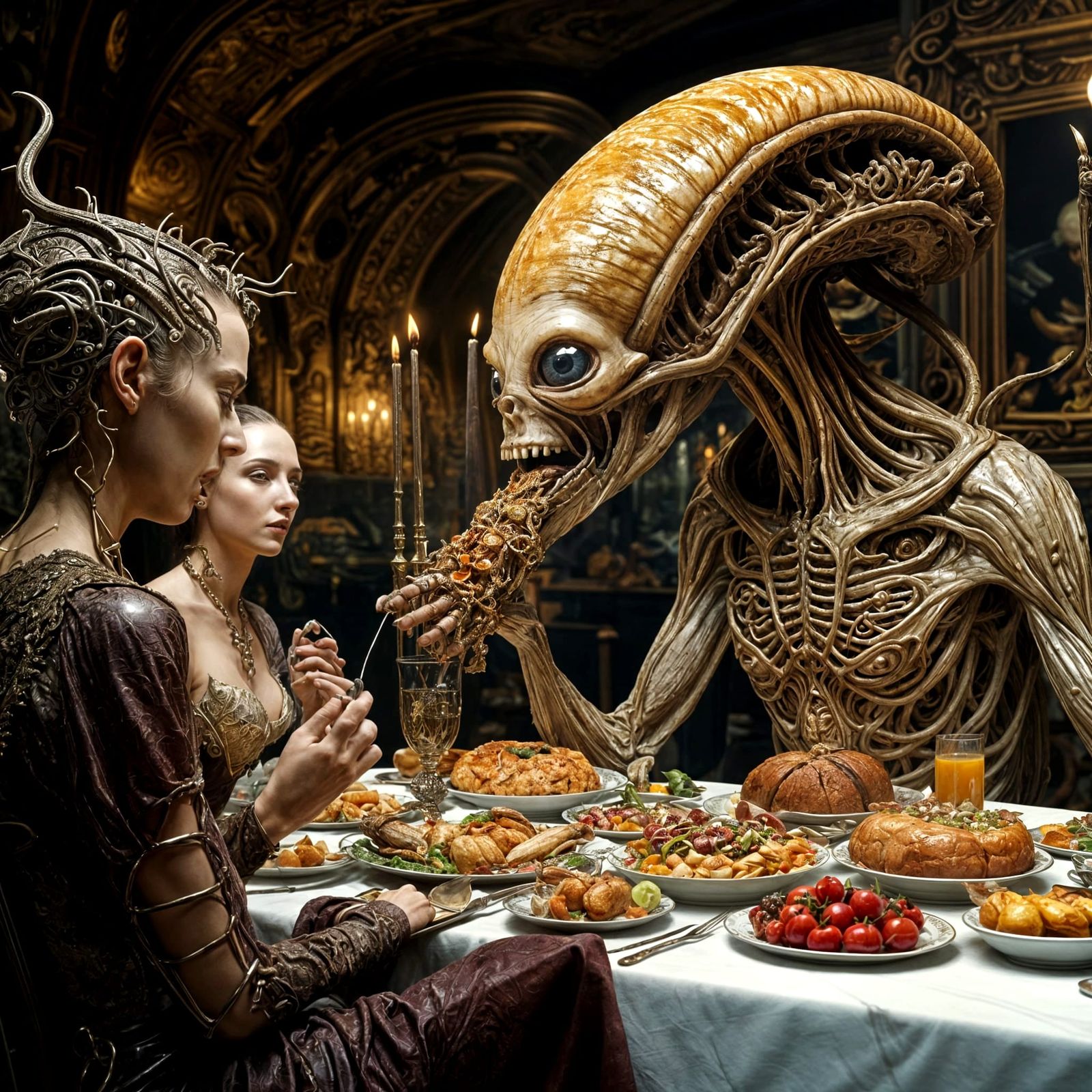 Bizarre Feast of Futuristic Beings in Dreamlike Setting