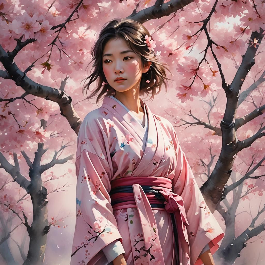 Sakura in Japanese Watercolor Style