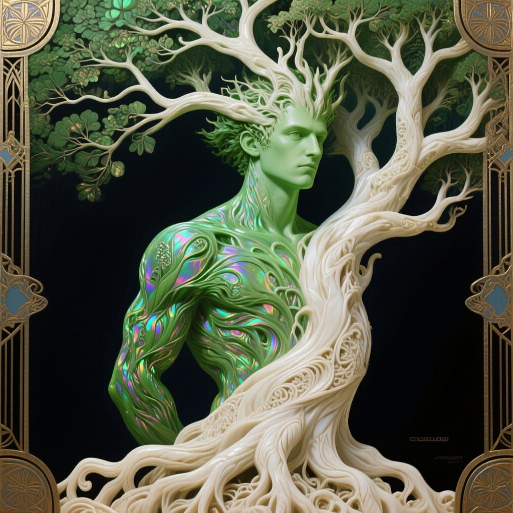 Green Dryad Transforming: Hyperrealistic Art Deco Painting