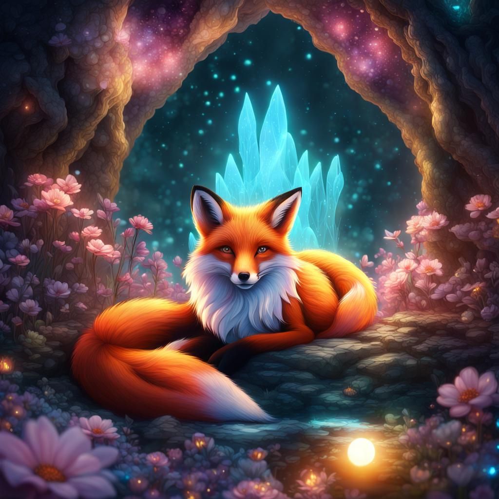 Luminescent Fox in a Crystalline Magical Cave