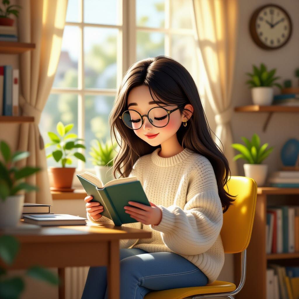 Cute Korean Girl Reading by Window in Pixar Style