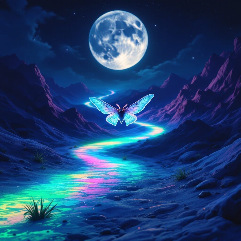 Lunar Moth Illuminates Neon Pathway in Ethereal Lunar Night