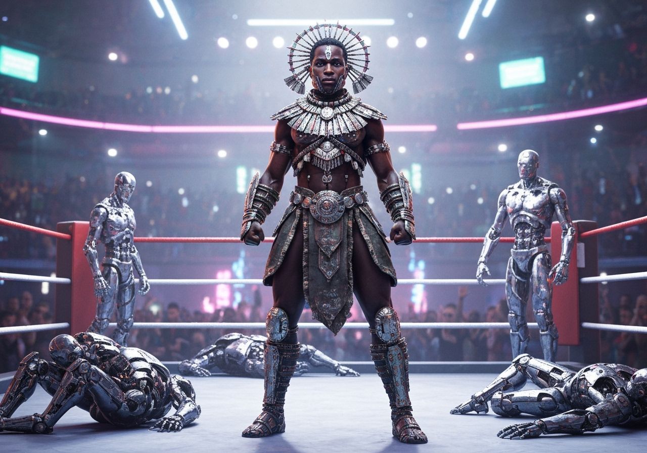 Victorious African Warrior in Futuristic Boxing Ring
