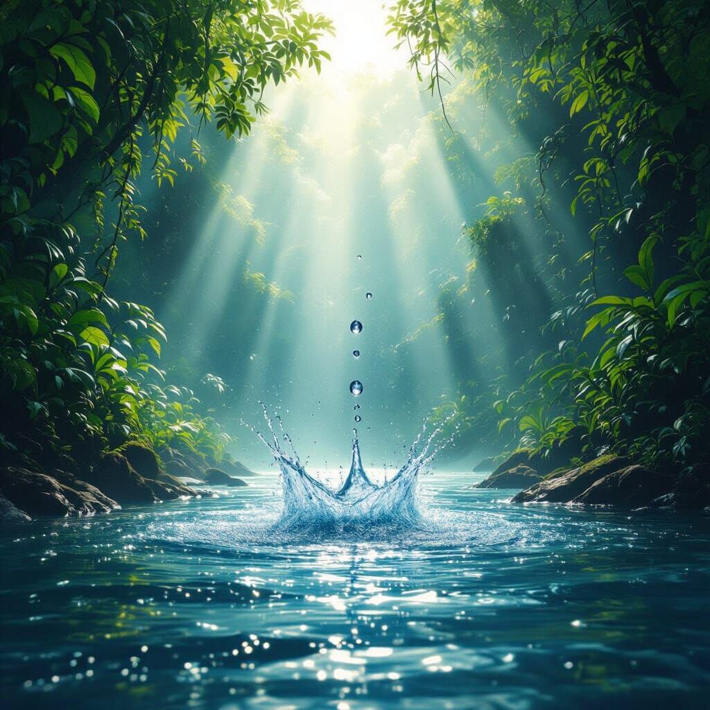 Water Drop Falls Upward in Misty Jungle River