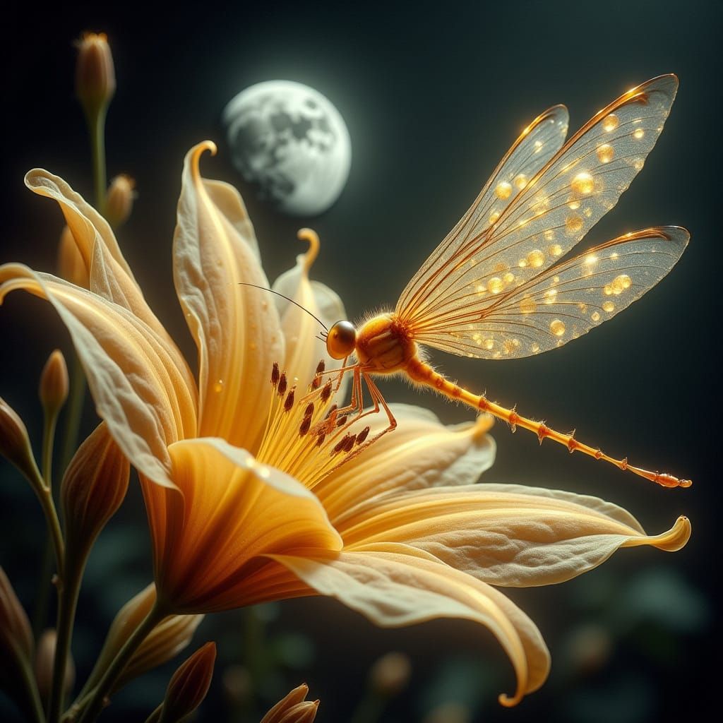 Golden Dragonfly on a Golden Flower under the Full Moon
