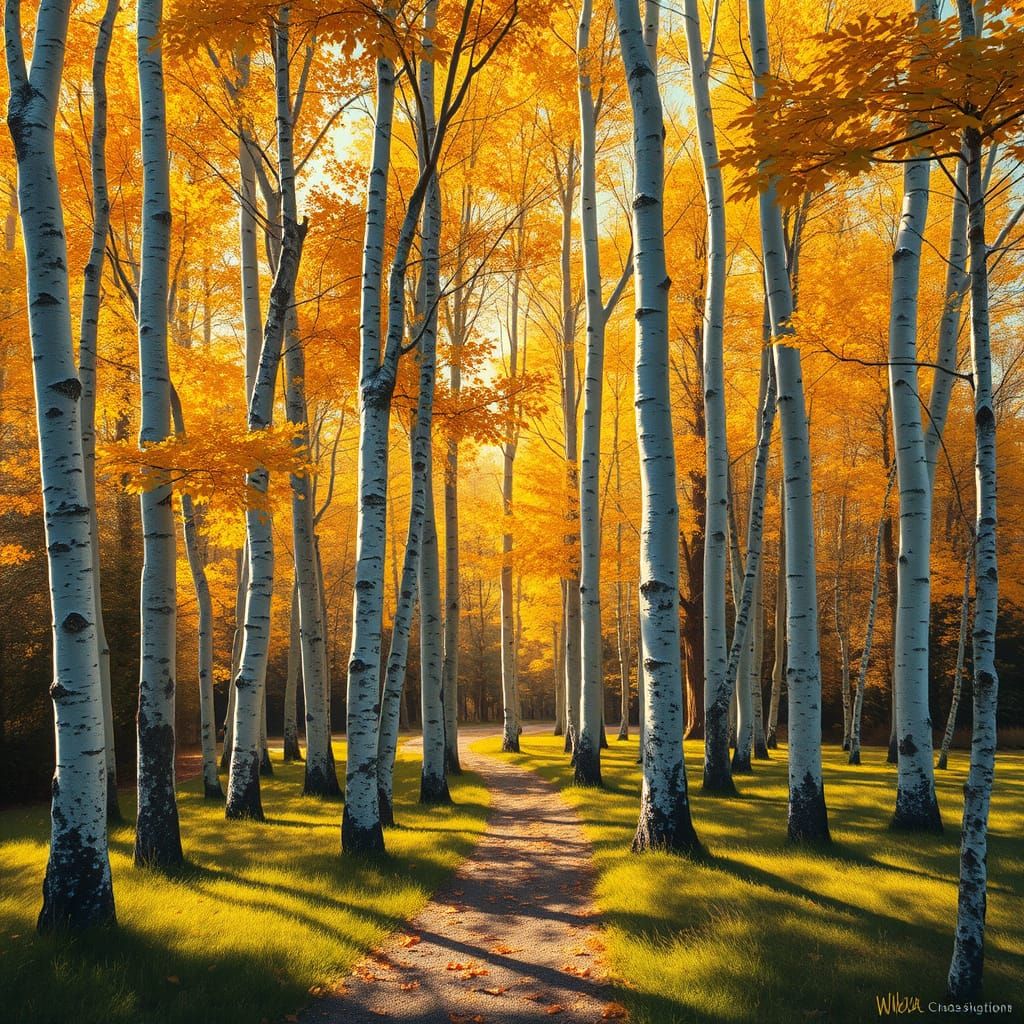 Golden Autumn Scene in Whimsical Realism Style