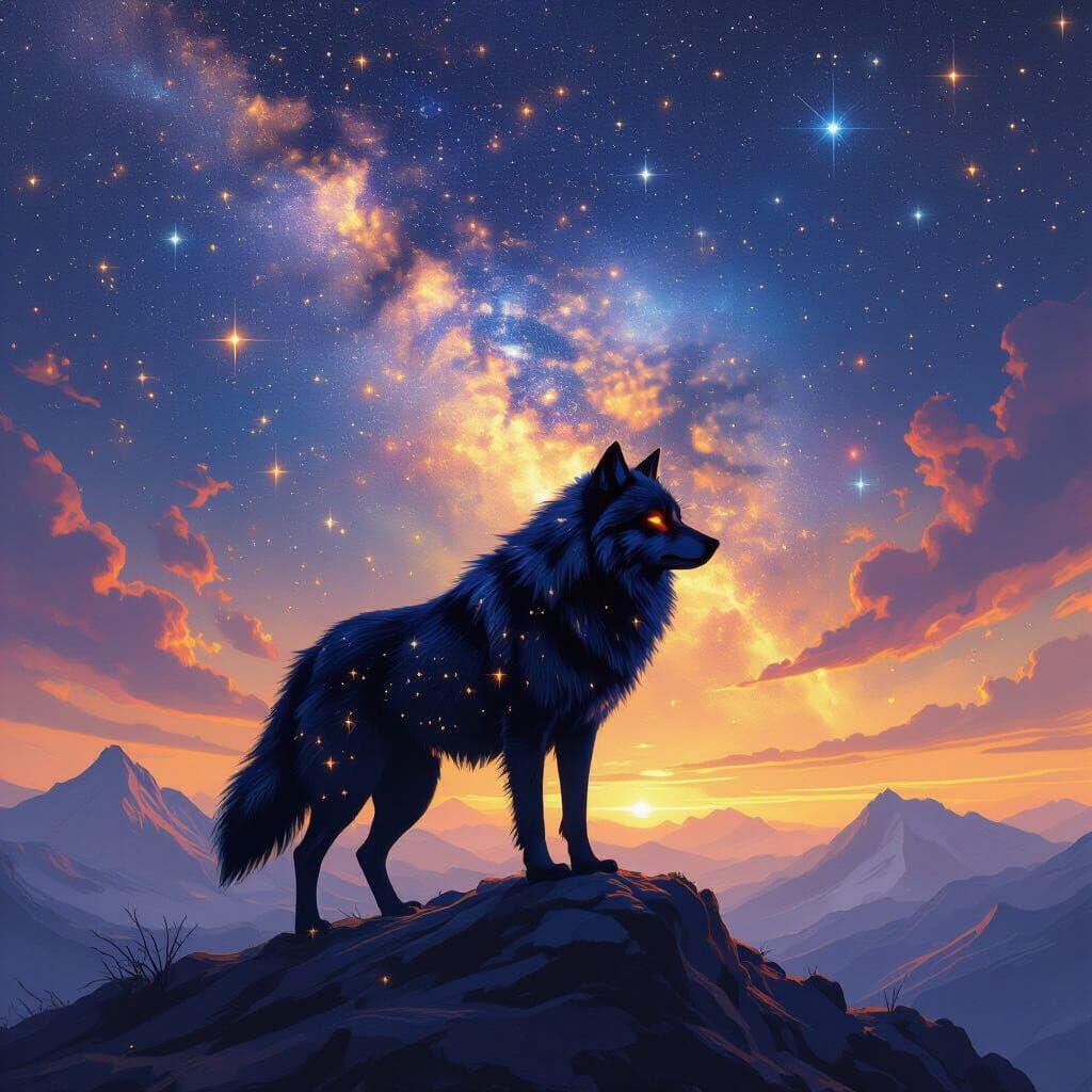 Lone Wolf Under Cosmic Sky, Fantasy Art Style