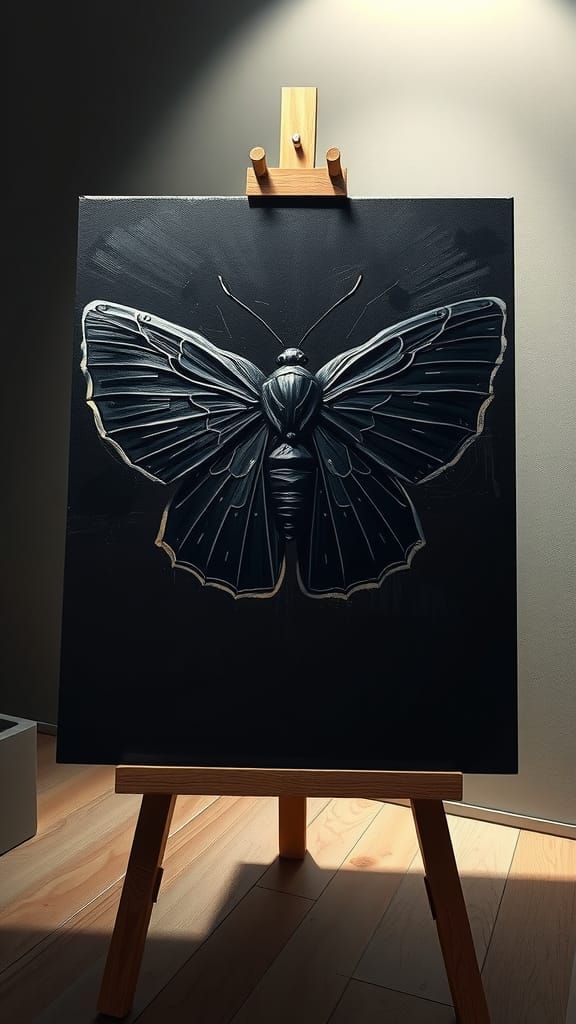 Cubist Moth Merging into Black Canvas Painting