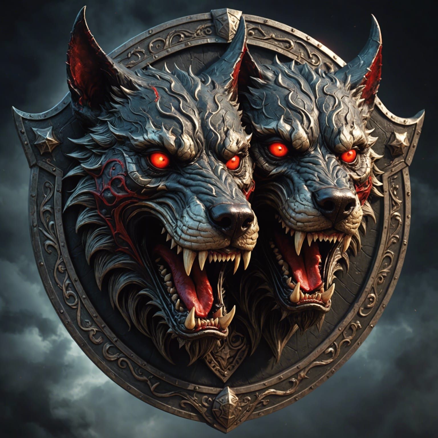 Two-Headed Demon Dog Shield: Epic Digital Painting