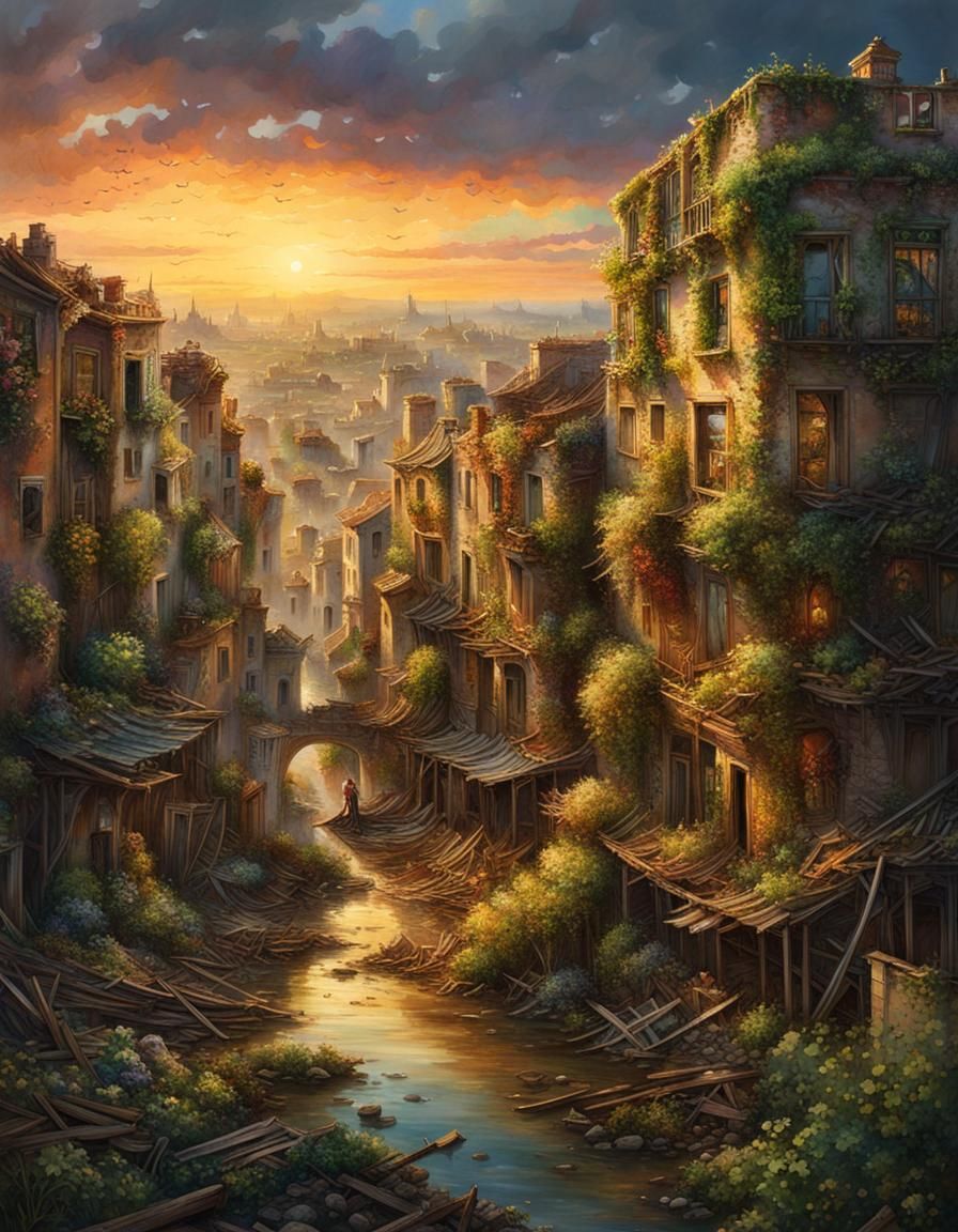 Golden Sunset Over Post-Apocalyptic Watercolor Town
