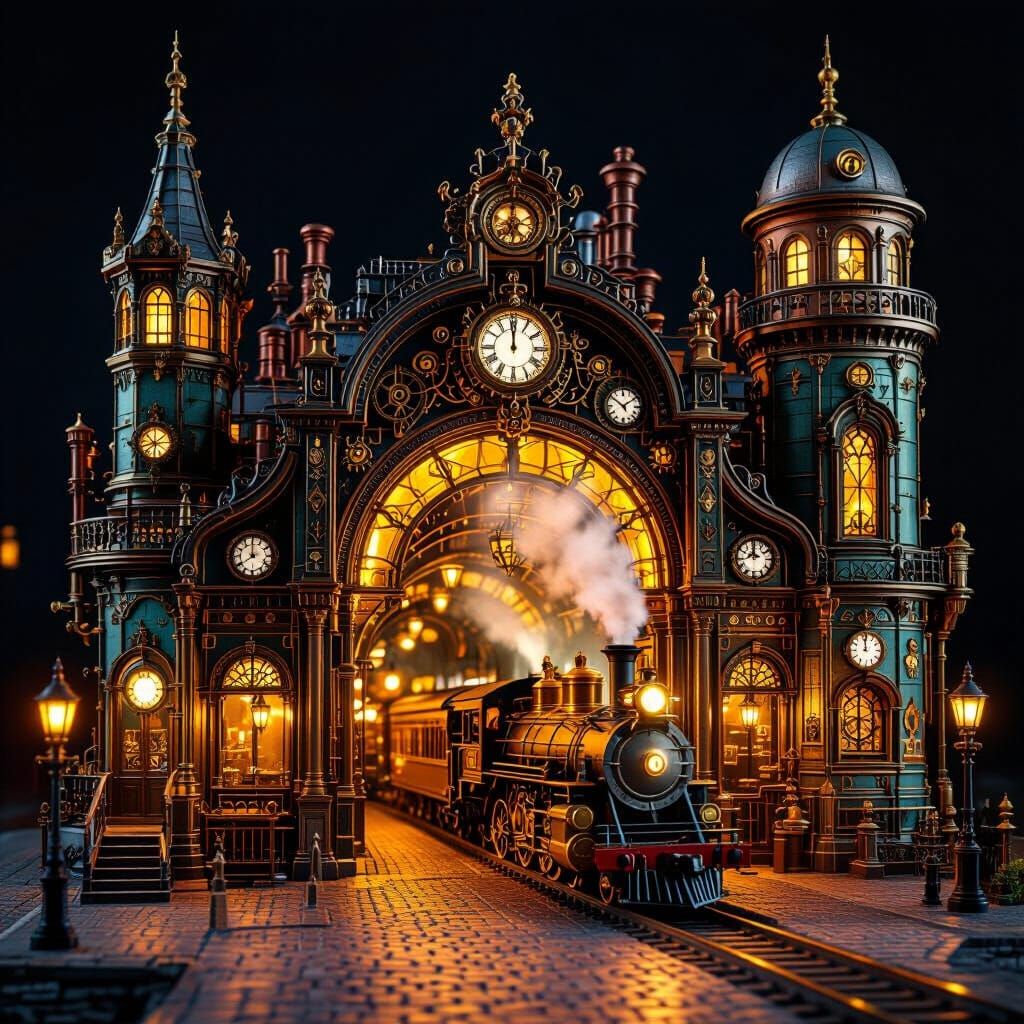 Steampunk Train Station Diorama with Golden Light