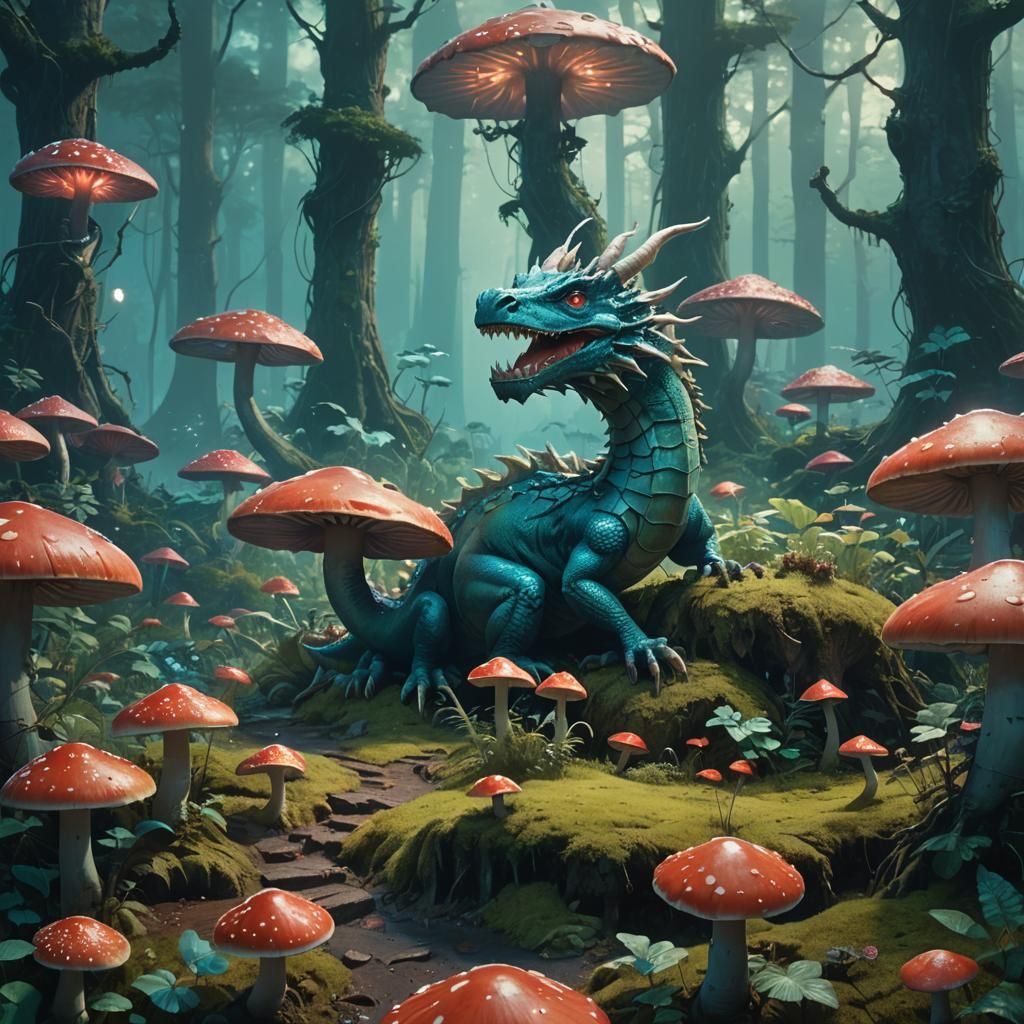 Dragon in Glowing Mushroom Forest Art Nouveau