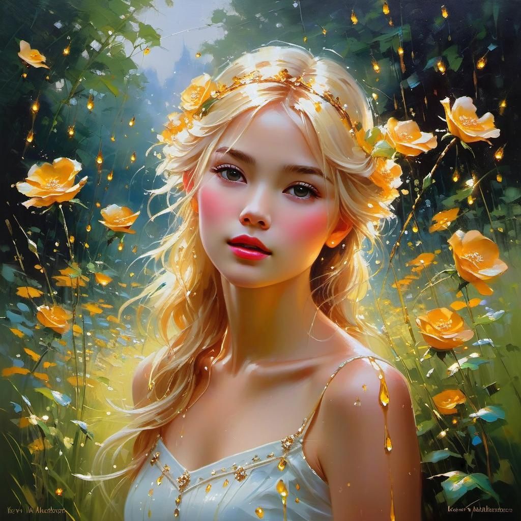 Fairy in Golden Flower Meadow: Post-Impressionistic Oil Pain...