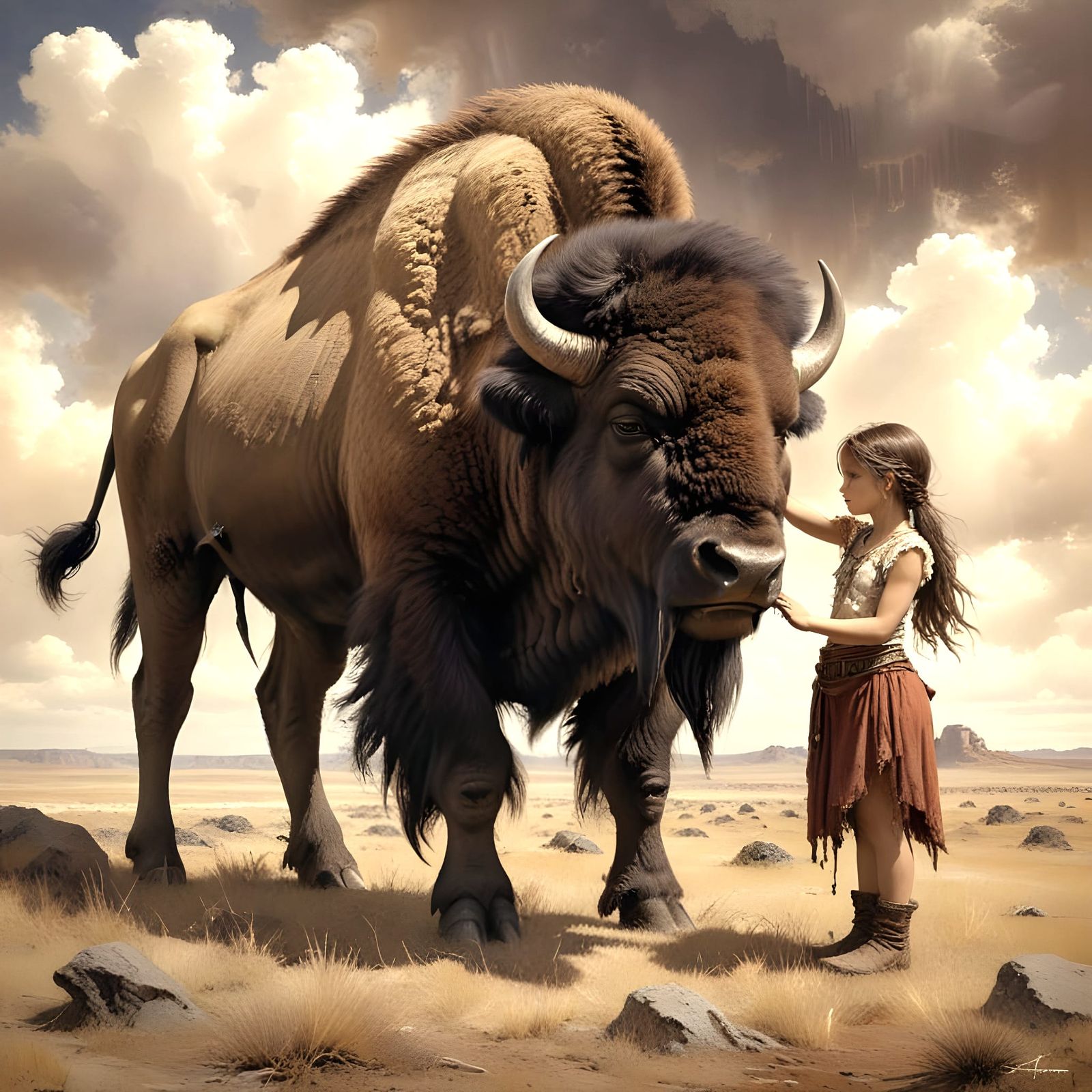Tiny Sioux Girl Befriends Giant Bison on Great Plains