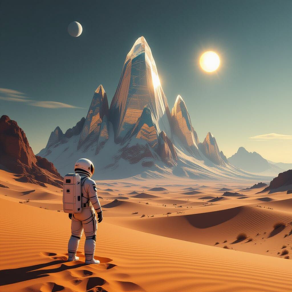 Astronaut Gazes at Crystalline Mountains on Alien Planet