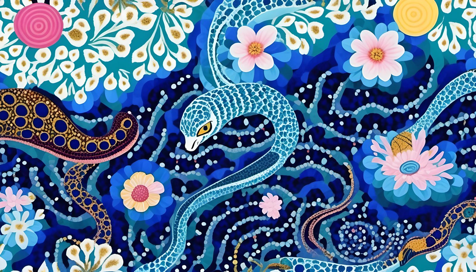 Pointillist Snake with Gold Filigree and Flowers