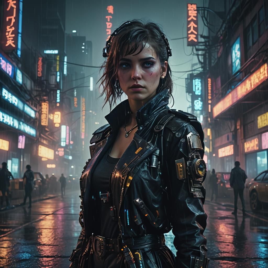 Steampunk Woman Contemplates Futuristic Horizon in Neon City...