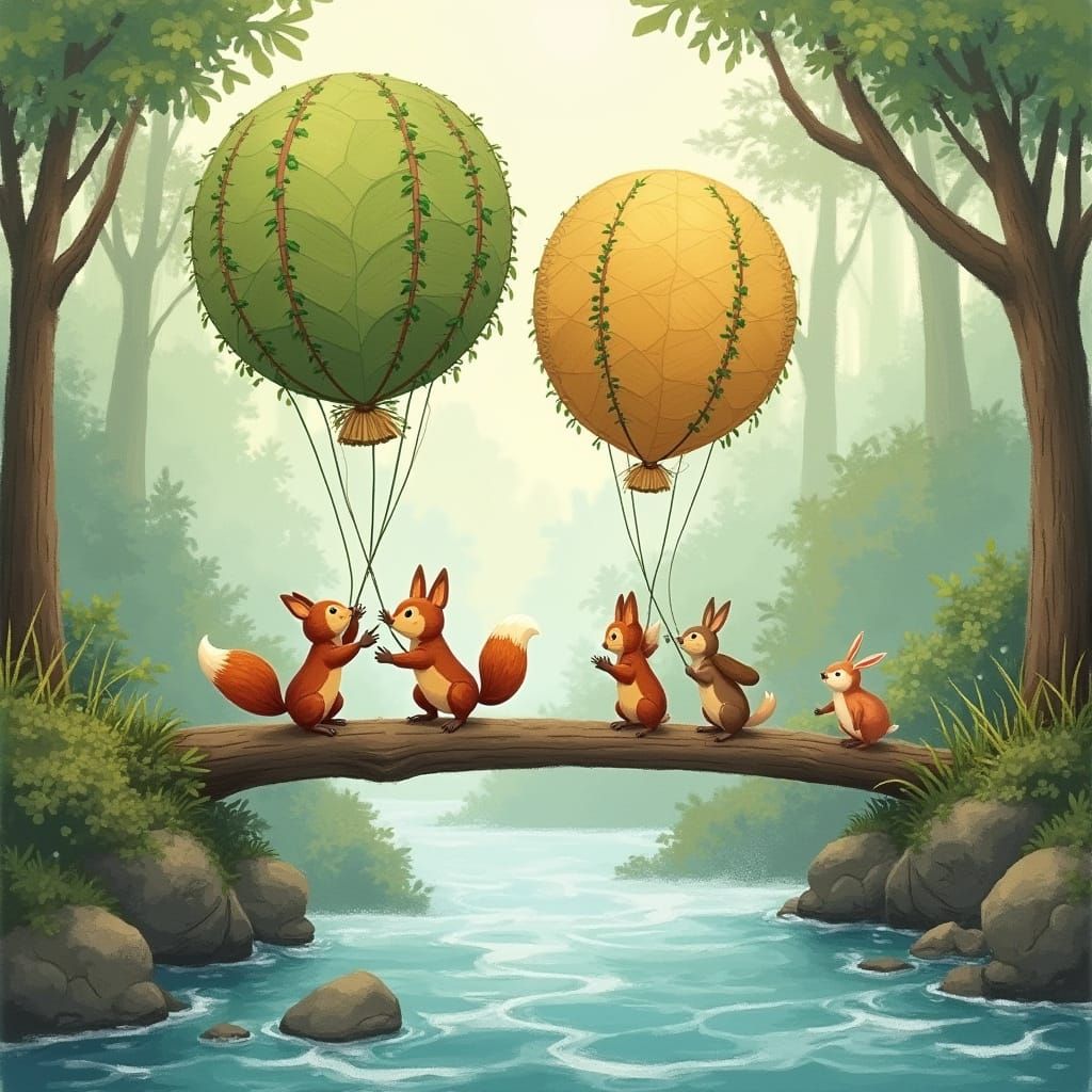 Forest Creatures Float Across River in Leaf Balloons