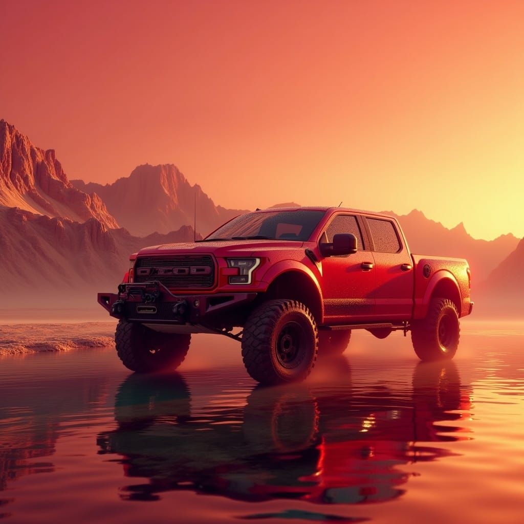 Red Pickup Truck Suspended in Air, Digital Illustration